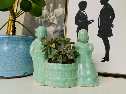 Vintage Shawnee Pottery Celadon Green Planter Boy Girl - Flower Pot - Home Decor