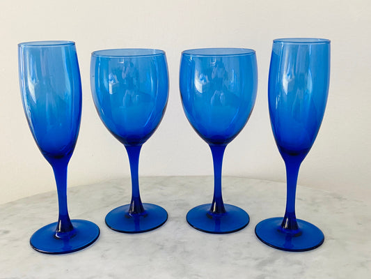 Vintage (Set of 4) French Crystal Luminarc Champagne and Wine in Cobalt - Barware - Bar Glasses -  Colorful Vintage Glassware