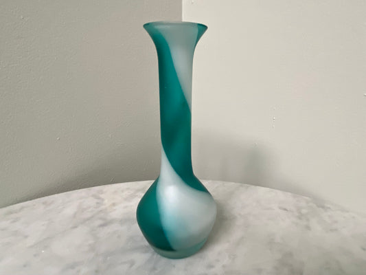 Vintage Glass Handblown Bud Vase with Teal and White Swirl Satin Finish - Home Decor