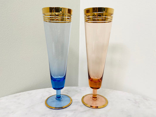 Vintage (Set of 2) Pink and Blue Tall Tapered Atomic Style Gold Accented Rimmed Glasses - Barware -  Colorful Vintage Glassware