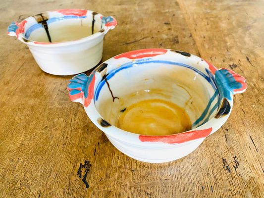 Studio Pottery Pair of Artist Signed Bowls Multi Colored With Scalloped Handles - Hand Thrown - Hand Made