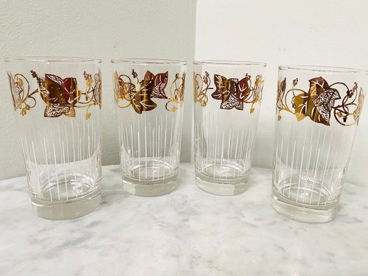 Vintage (Set of 4) Libbey Gold Leaf Vine and White Stripe Tumblers - Barware - Bar Glasses -  Colorful Vintage Glassware