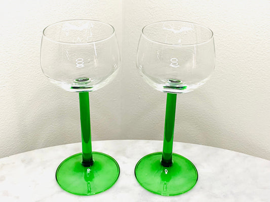 Vintage (Set of 2) French Luminarc Emerald Green Stem Crystal Wine Cordial Glass - Barware - Bar Glasses - Colorful Vintage Glassware