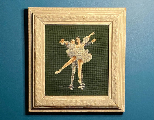 Antique Needle Point - Man Woman Ballet Dancers - Original Oak Frame With Glass - Stunning - Wall Decor - Wall Art