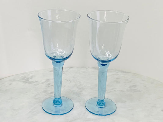 Vintage (Set of 2) Tall Handblown Brilliant Light Blue Wine Glass Goblet - Barware - Bar Glasses - Glassware