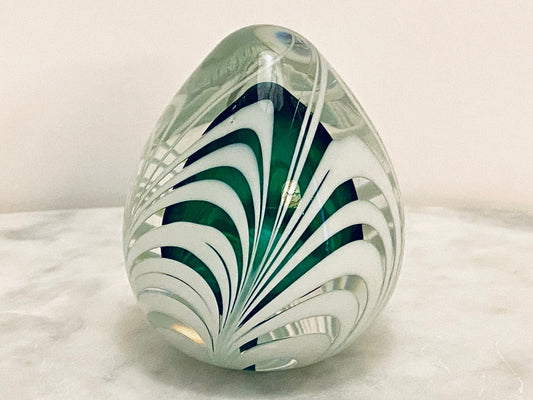 Vintage Glass Art Blown Swirl Paperweight Green, White, Clear- Signed By Artist 1990 - Home Decor - Trinket