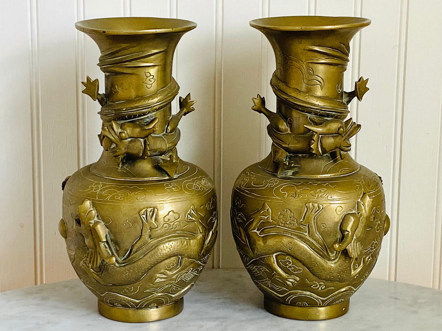 Antique Pair Tall Chinese Brass Dragon Vases - Home Decor - Decorative Vases - Gifts