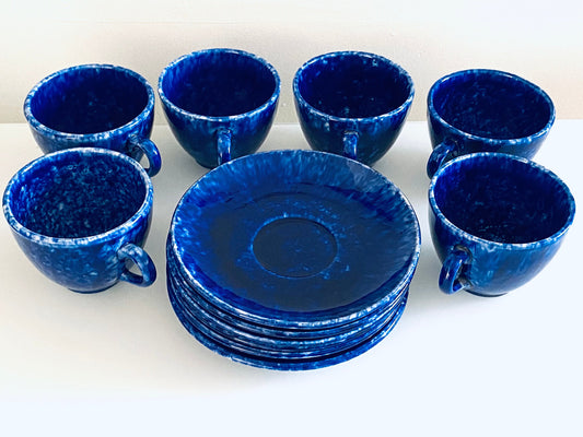 Vintage (Set of 6) Stangl Caughley Blue Flat Cup and Saucer Set - Sponge Ware Country Farmhouse - Home Decor - Housewares - Entertaining