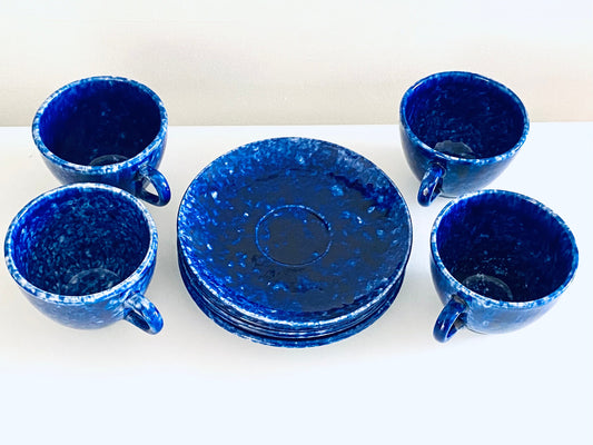 Vintage (Set of 4) Stangl Caughley Blue Flat Cup and Saucer Set - Sponge Ware Country Farmhouse - Home Decor - Housewares - Entertaining