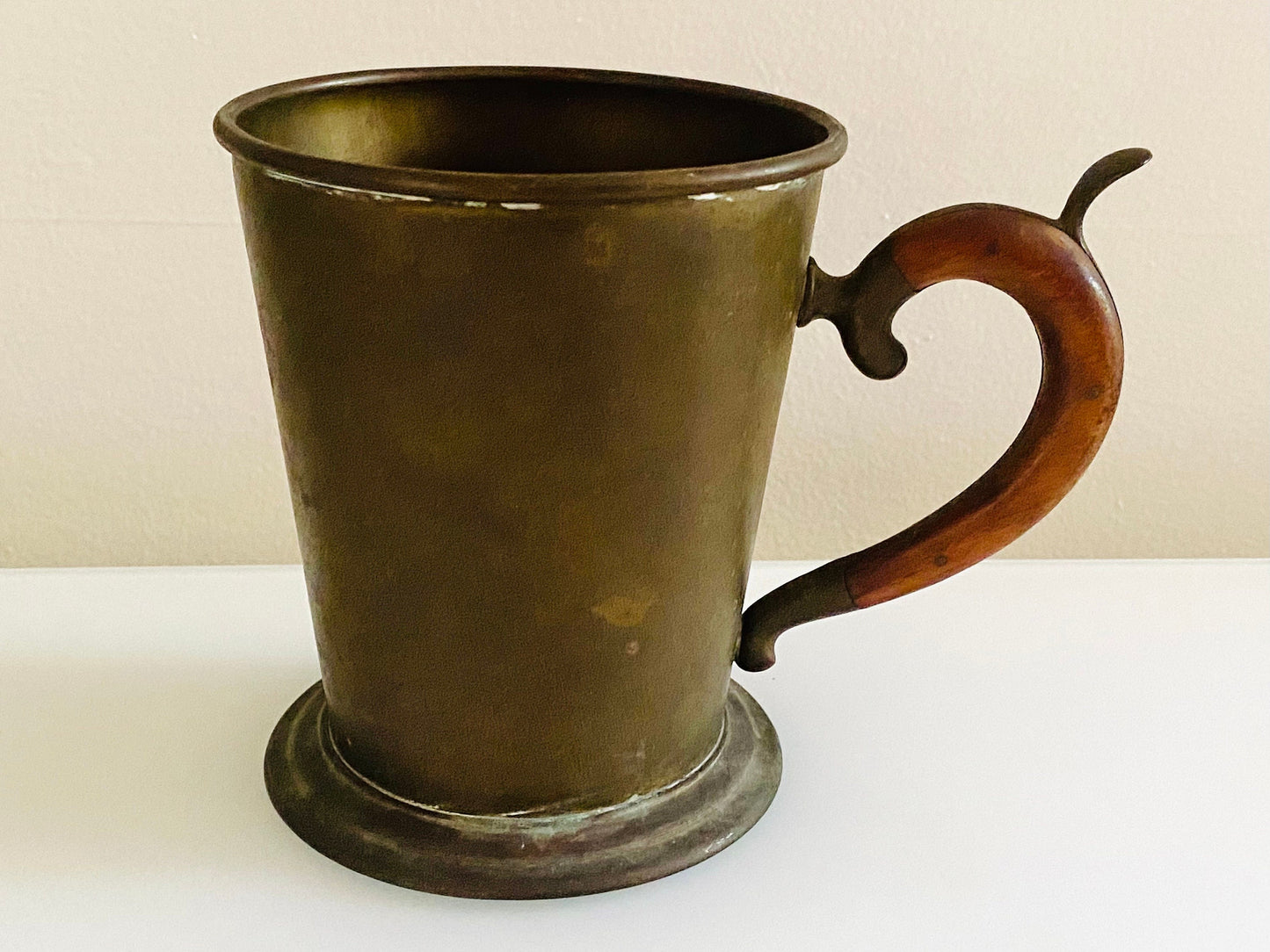 Antique Victorian Brass Tankard With Inlaid Wood Handle - Brass Collectible  - Tankards - Home Decor