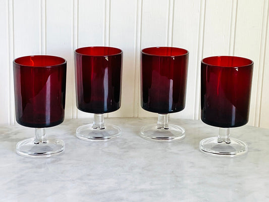 Vintage (Set of 4) France Luminarc "Cavalier" Ruby Red Cordial Aperitif Glasses - Barware - Colorful Vintage Glassware