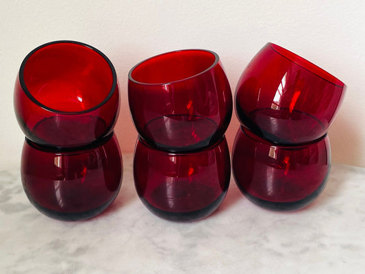 Vintage (Set of 6) Ruby Red Rolly Polly Handblown Anchor Hocking Crystal Cocktail Glasses - Barware -  Colorful Vintage Glassware