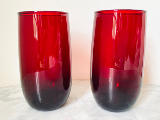 Vintage (Set of 2) Ruby Red Rolly Polly Handblown Anchor Hocking Crystal Water Glasses - Barware - Colorful Vintage Glassware