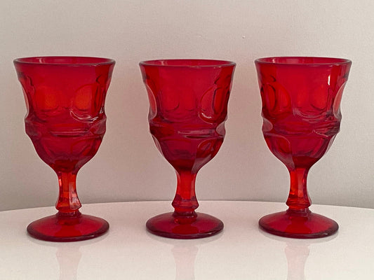 Vintage (Set of 3) Fosteria Argo Red Wine Goblet - Barware - Entertaining - Colorful Vintage Glassware