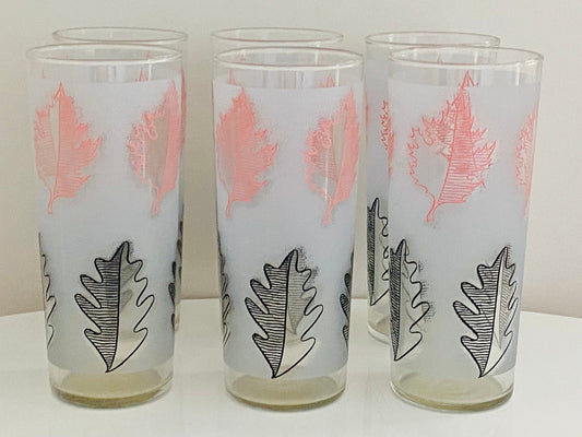 Vintage (Set of 4) Libbey Frosted Pink Black Leaf Design Glasses - Barware -  Colorful Vintage Glassware