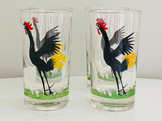 Vintage (Set of 4) Federal Glass Crowing Rooster Water Juice Glasses - Barware - Entertaining - Colorful Vintage Glassware