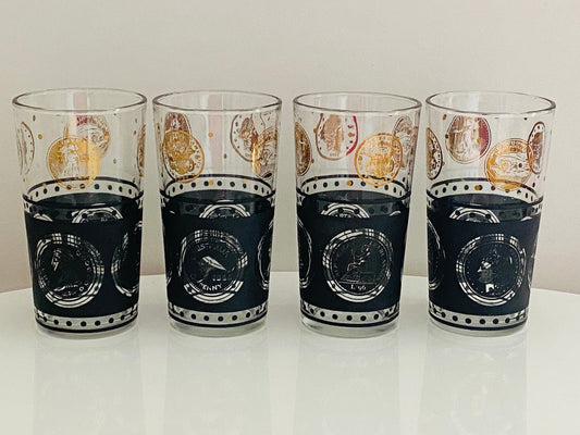 Vintage (Set of 4) Cera World Coin Gold Black Glasses - Barware - Entertaining