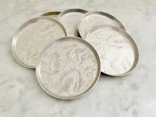 Vintage (Set of 6) Forged Aluminum Hand Hammered Floral Coasters - Cottage Core - Retro Barware - Home Decor