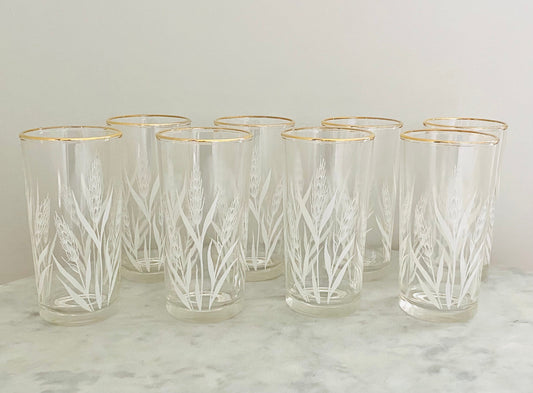 Vintage (Set of 8) White Wheat Printed Gold Rim Glasses - Barware - Bar Glasses -  Colorful Vintage Glassware