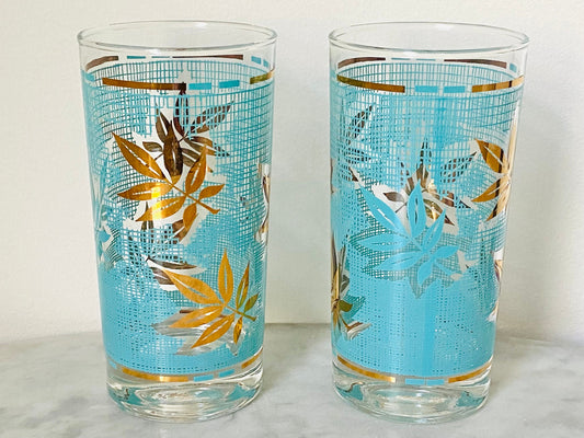 Vintage (Set of 2) Dominion Turquoise Gold Leaf Glasses - Barware - Colorful Vintage Glassware