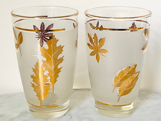 Vintage (Set of 2) Libbey Frosted Gold Leaf Glasses - Barware - Colorful Vintage Glassware