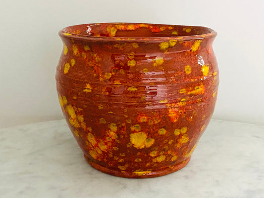 Vintage Studio Flower Pot Planter Orange Yellow Speckle Glaze Signed By Artist 1968 - Hand Thrown - Hand Made