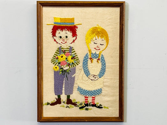 Happy Couple Boy Girl Needlepoint Work - Original Vintage Frame - Nursery Decor - Wall Decor - Wall Art