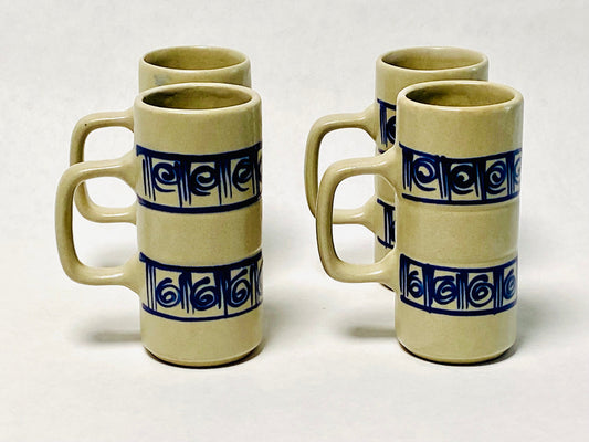 Vintage (Set of 4) Studio Pottery Tall Blue Designed Stoneware Mugs - Studio Pottery - Art Pottery - Home Decor