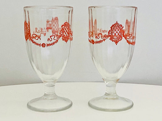 Vintage (Set of 2) Federal Glass Printed Red Crested Design Glasses - Barware - Bar Glasses -  Colorful Vintage Glassware