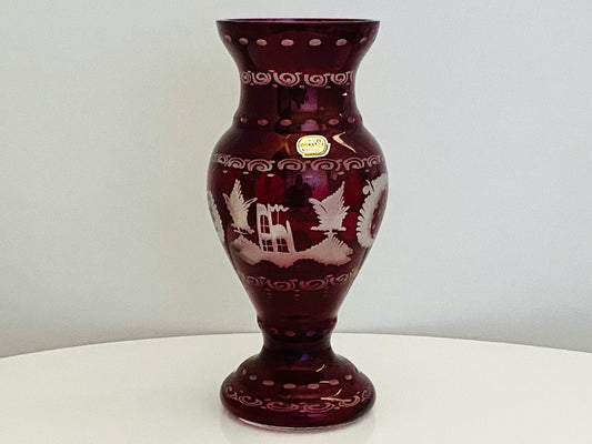 Vintage Bohemian Glass Ruby Crystal Czechoslovakian Cut Glass Vase - Home Decor - Gift