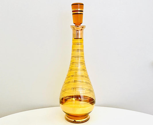 Vintage Mid Century Czechoslovakian Hand Blown Glass Amber Gold Decorated Decanter - Barware - Bar Glasses - Glassware