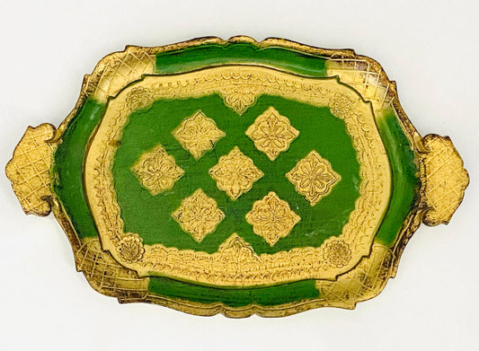 Vintage Italian Florentine Gold and Green Wood Tray - Home Decor