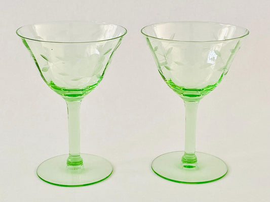 Vintage (Set of 2) Uranium Vaseline Floral Etched Champagne Glasses- Barware - Bar Glasses - Colorful Vintage Glassware