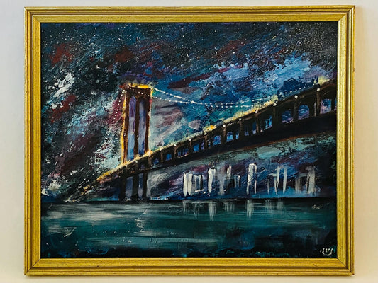 Brooklyn Bridge At Night - Oil On Art Board - Signed (Artist Unknown 1980s)-  Wall Decor - Fine Art